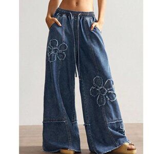 Boho Dark Wash Floral Patchwork Stretchy Waist Wide Leg Denim Jean Pants